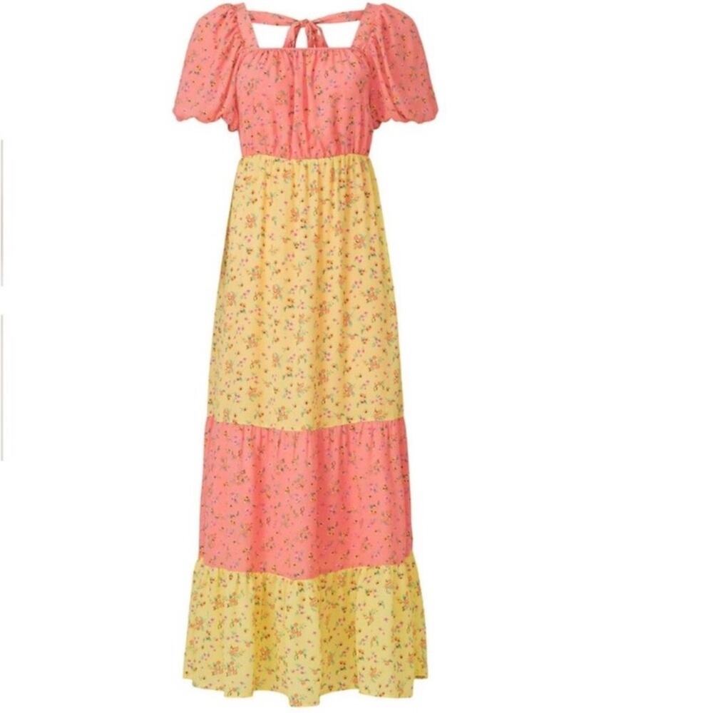 COLOR ME COURTNEY Yellow Pink Ditsy Flower Printed Cece Maxi Dress Size 10